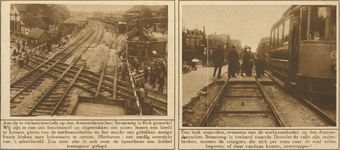870531 Collage van 2 foto's betreffende de reconstructie van de kruising van de gemeentetram en de spoorweg naar ...